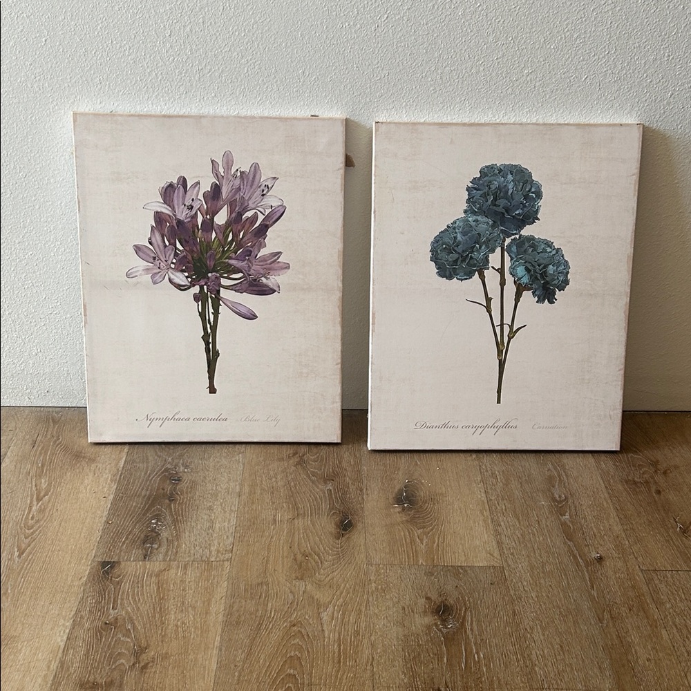 Floral Art Canvas Set - Purple and Blue Botanical Illustrations